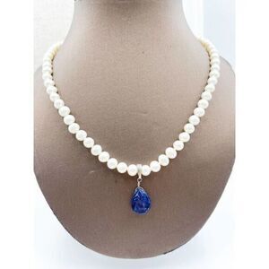 Natural Pearl Necklace with Sapphire Tear Drop Pendant EUC